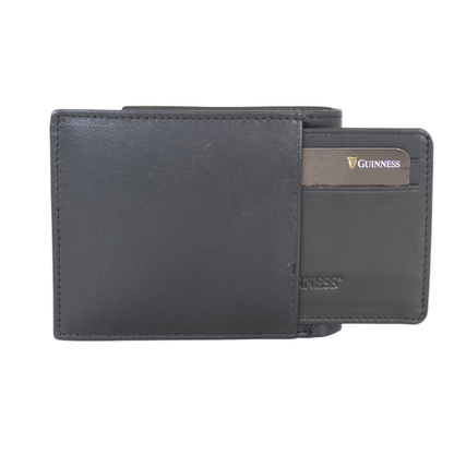 Guinness black leather wallet with a side card slot and a Guinness card partially inserted