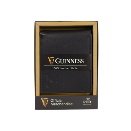 Guinness black leather wallet in a gold edged gift box labeled Official Merchandise