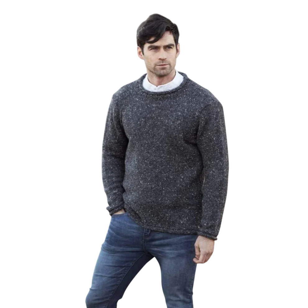 Men's Donegal Wool Curl Neck Charcoal Sweater