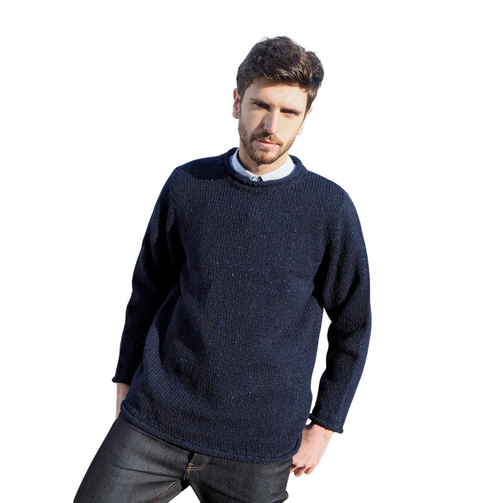 Men's Donegal Wool Curl Neck Navy Sweater