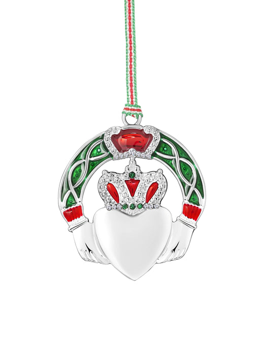 Silver heart pendant with red and green crown and hands on striped string
