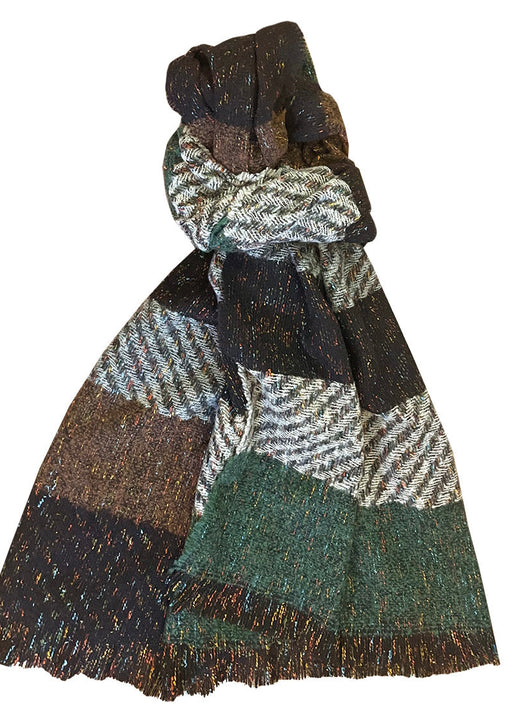 Brown black cream and grey plaid scarf with a textured weave and fringed ends.