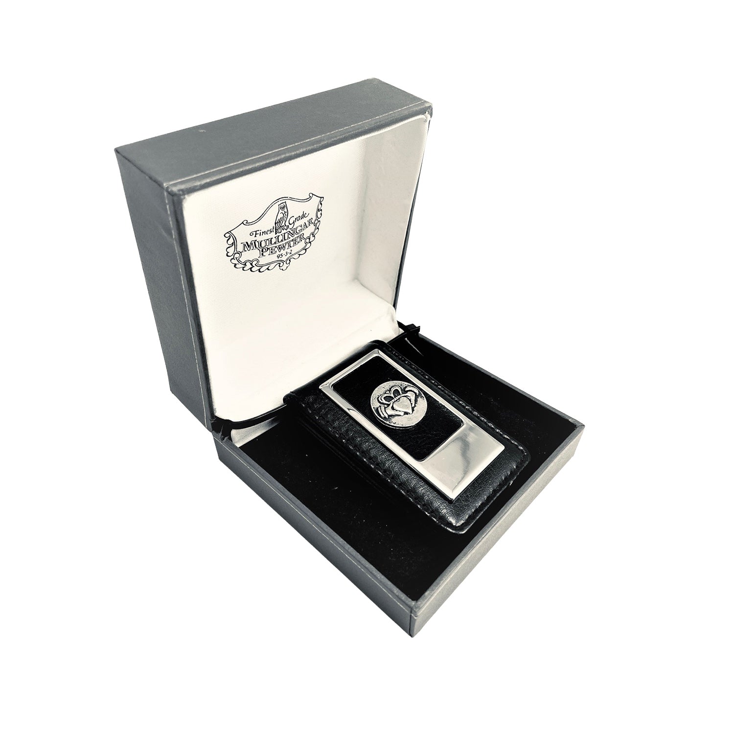 Claddagh leather money clip displayed in a black presentation box with white interior