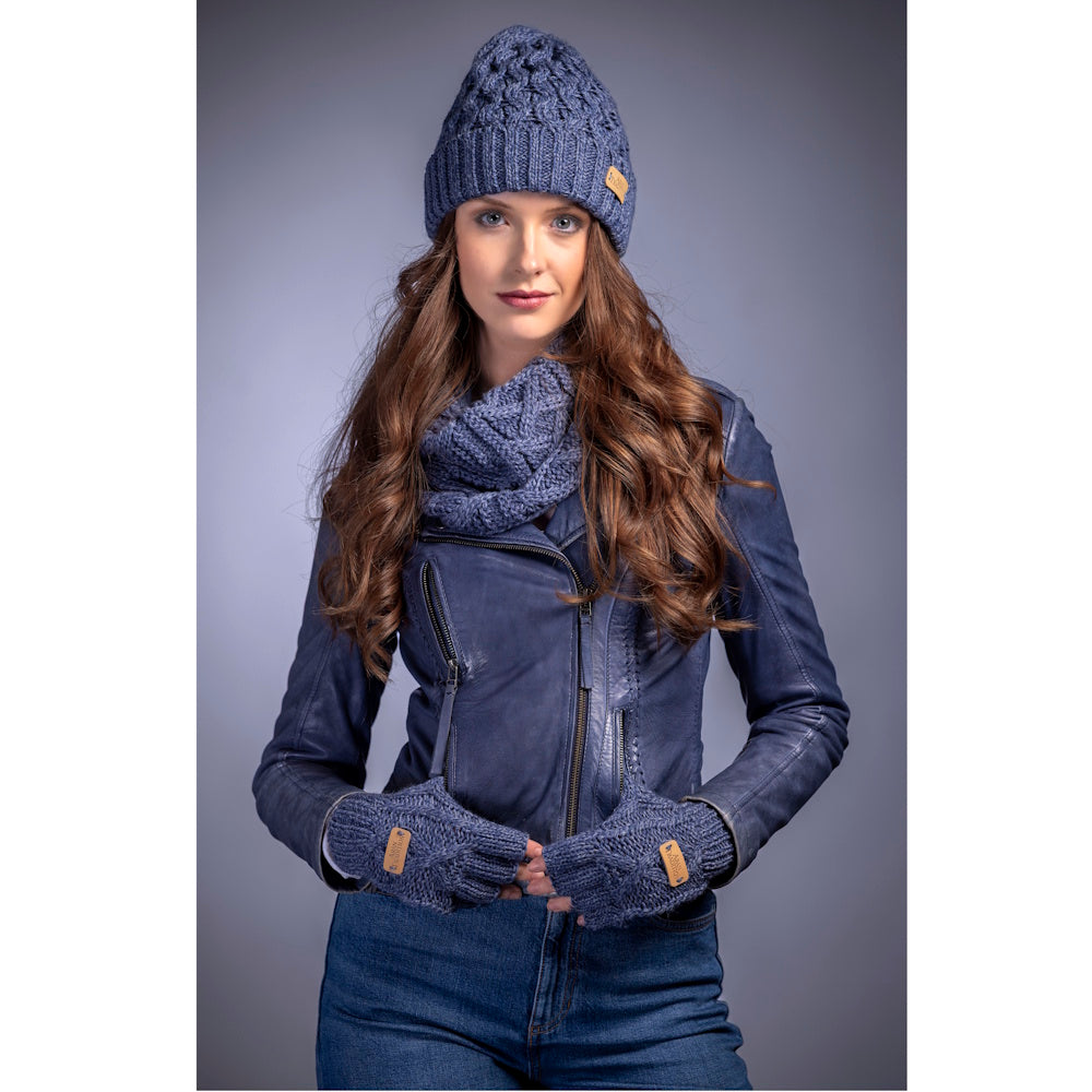 Aran Cable Denim Blue Mix Beanie 