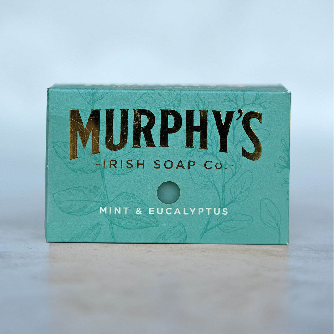 Green soap box labeled Murphy's Irish Soap Co. with mint and eucalyptus