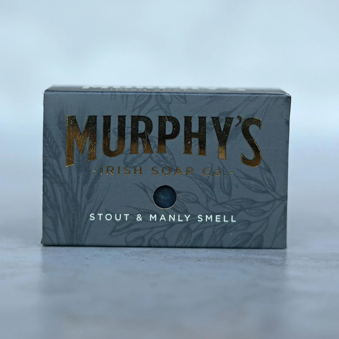Gray soap box with gold lettering reading Murphy's Irish Soap Co.