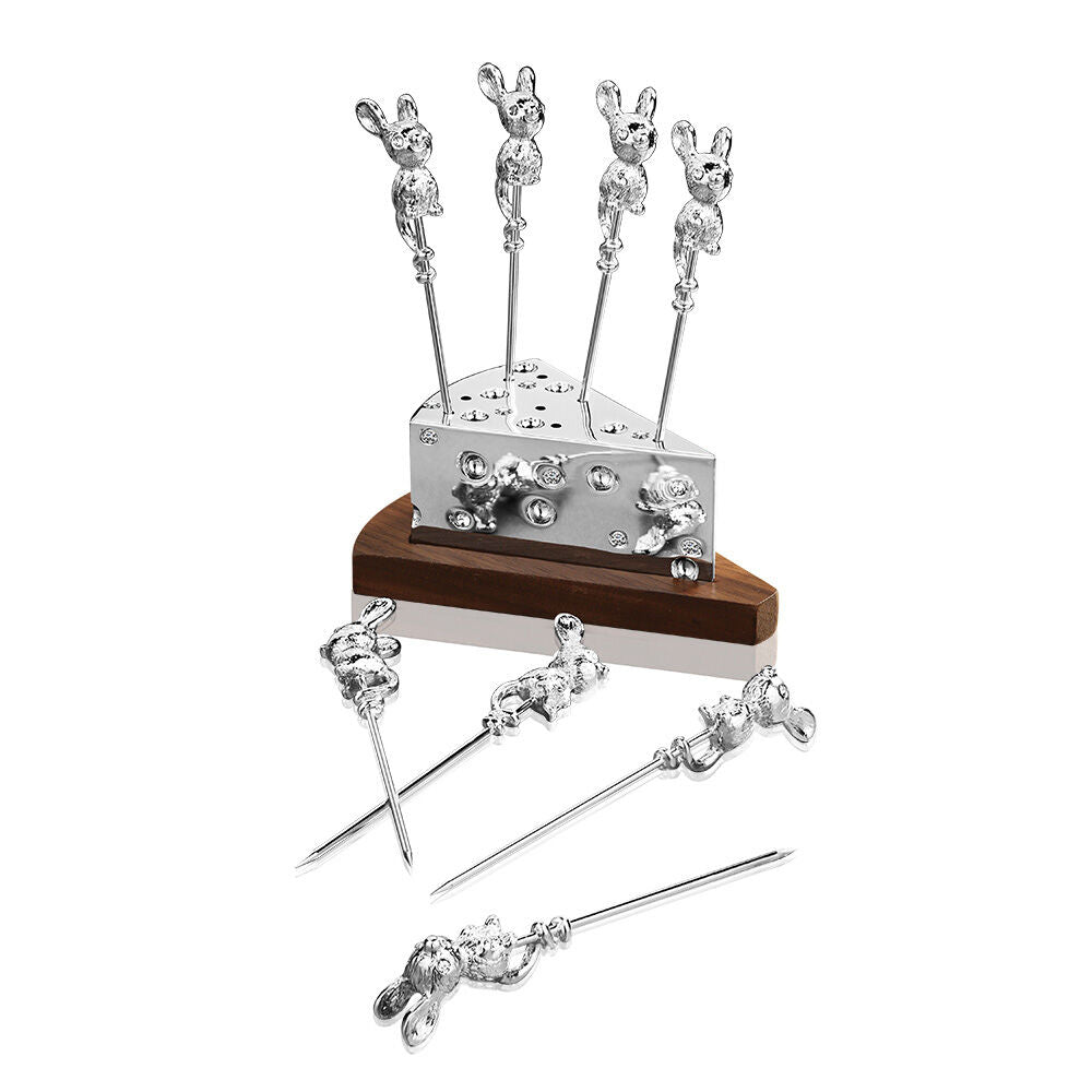 Newbridge Silverware Rhodium Plated Mice Cheese Picks On Stand
