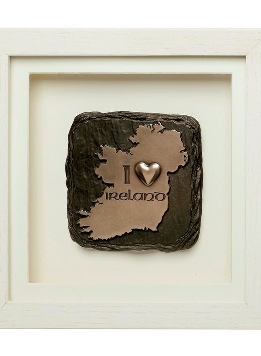 Framed black slate plaque with a bronze map of Ireland heart symbol and I love Ireland inscription