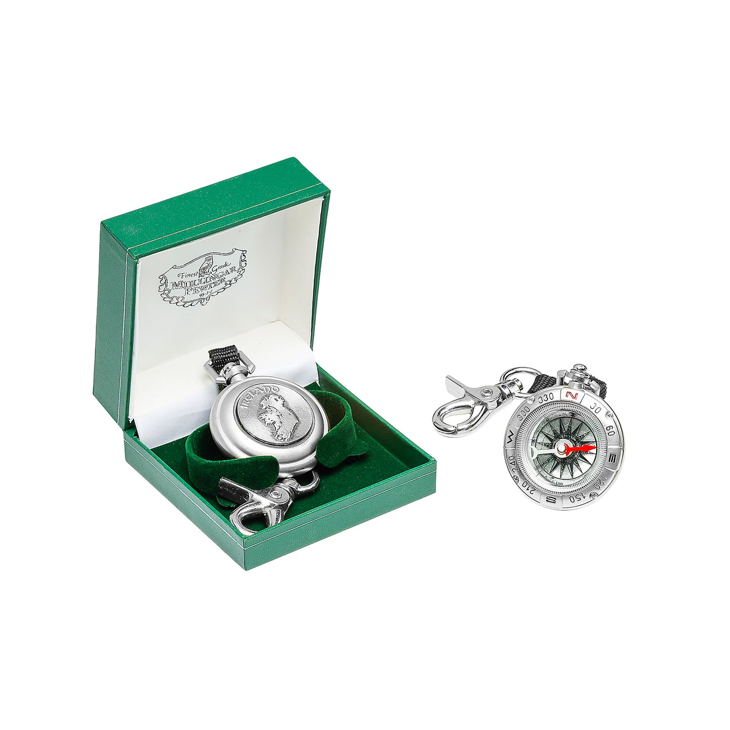Ireland boxed compass with round compass and keychain beside a green presentation box