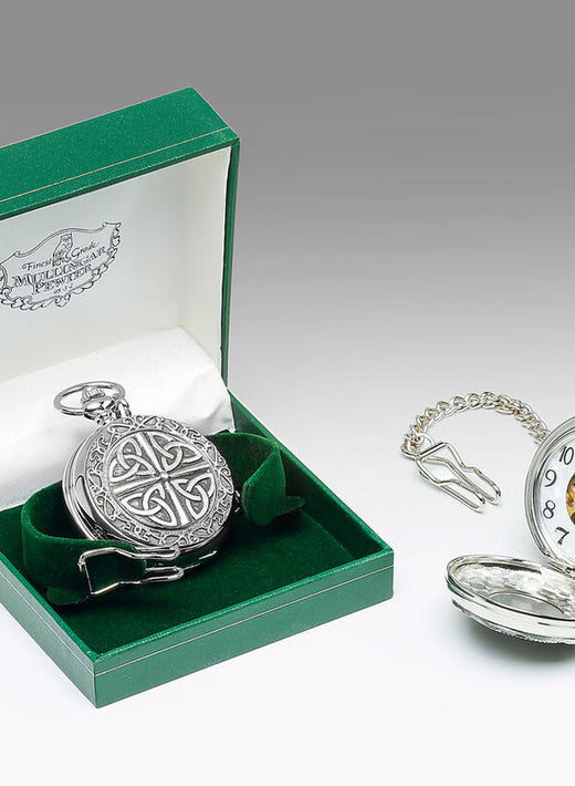 Mullingar Pewter Pocket Watch With Trinity Knot Design & Celtic Border