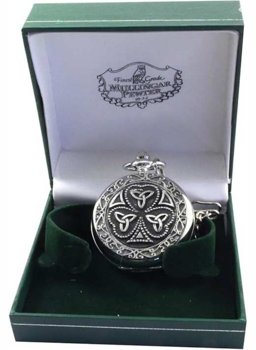 Mullingar Pewter Pocket Watch With Shamrock & Trinity Design & Celtic Border