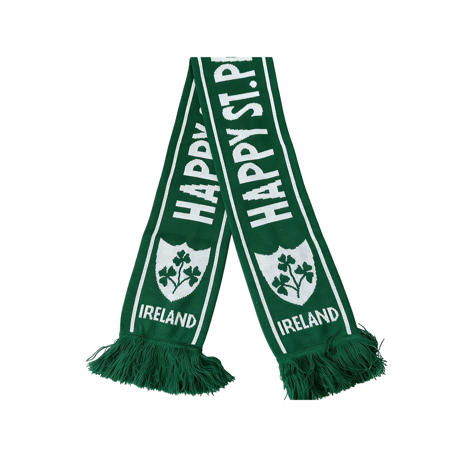 Green St Patrick's Day scarf with white border and Ireland crest