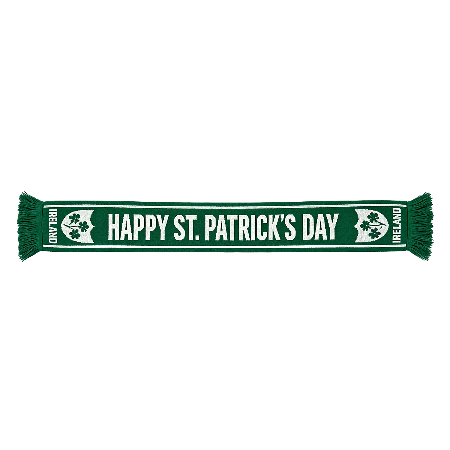 Green St Patrick's Day scarf laid flat with HAPPY ST PATRICK S DAY across and fringed ends