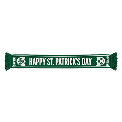 Green St Patrick's Day scarf laid flat with HAPPY ST PATRICK S DAY across and fringed ends