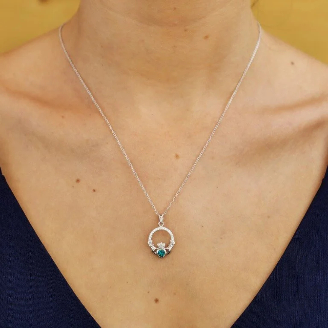 Shanore Claddagh May Green Crystal Birthstone Necklace 