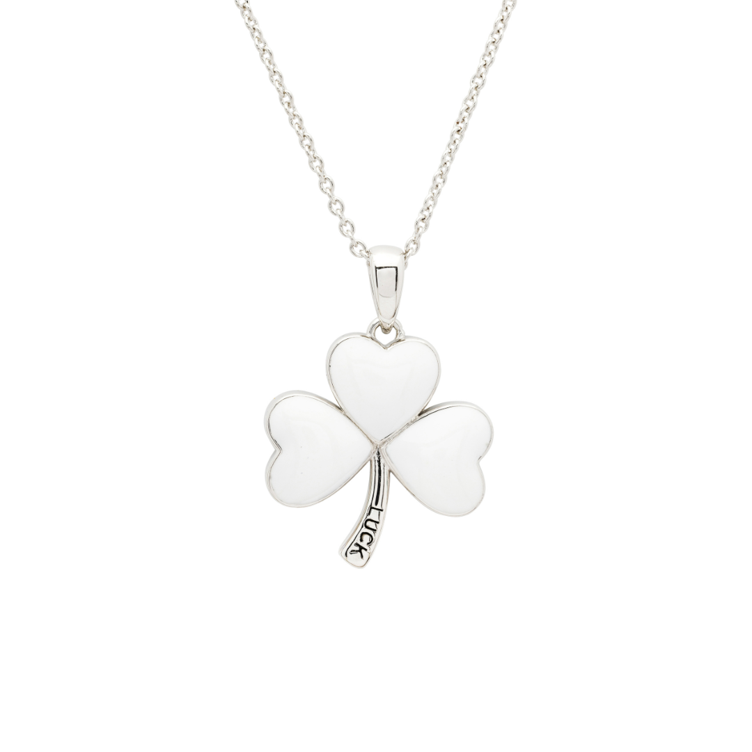 Platinum Plated White Enamel Shamrock Necklace
