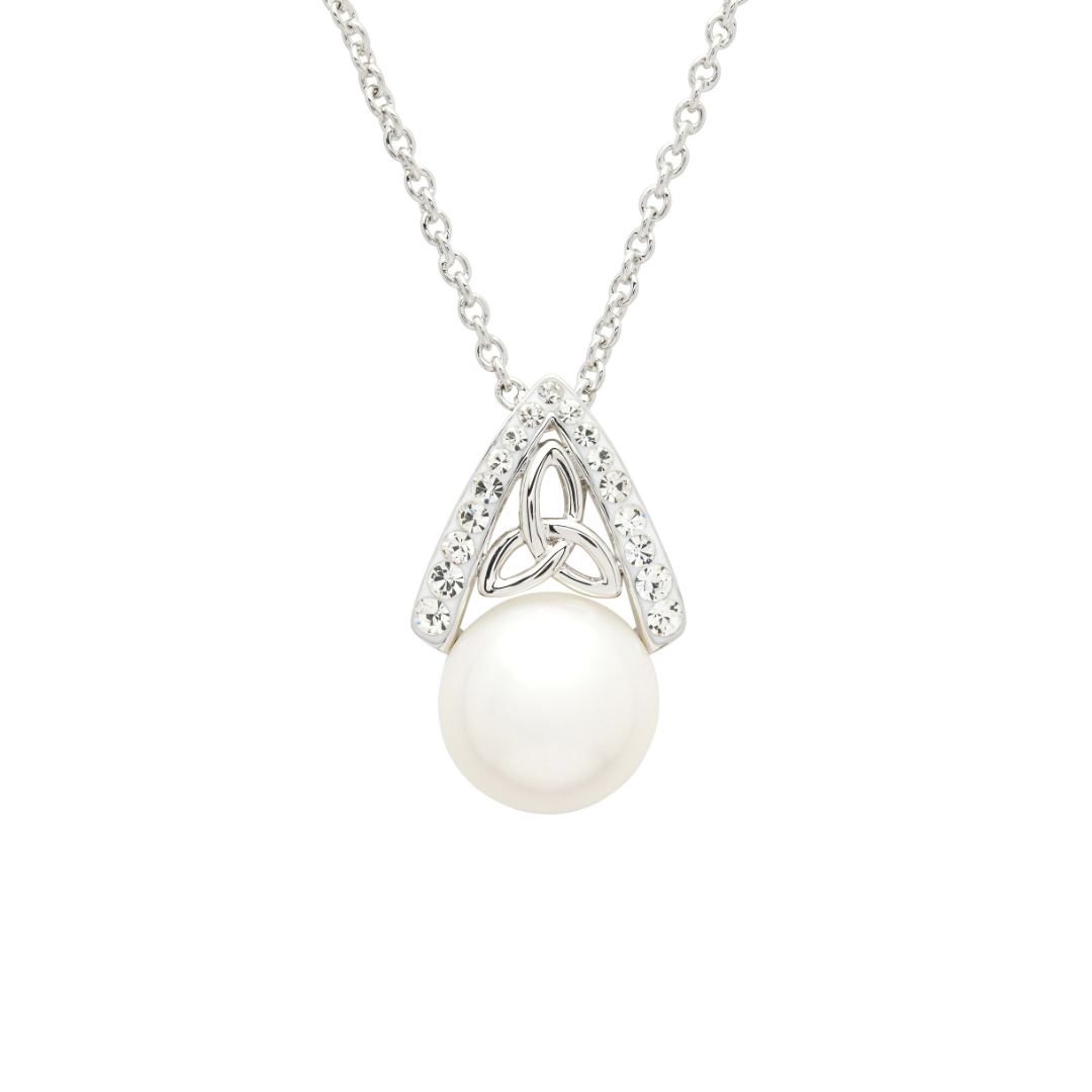 Platinum Plated Intricate Pearl Trinity Knot Pendant