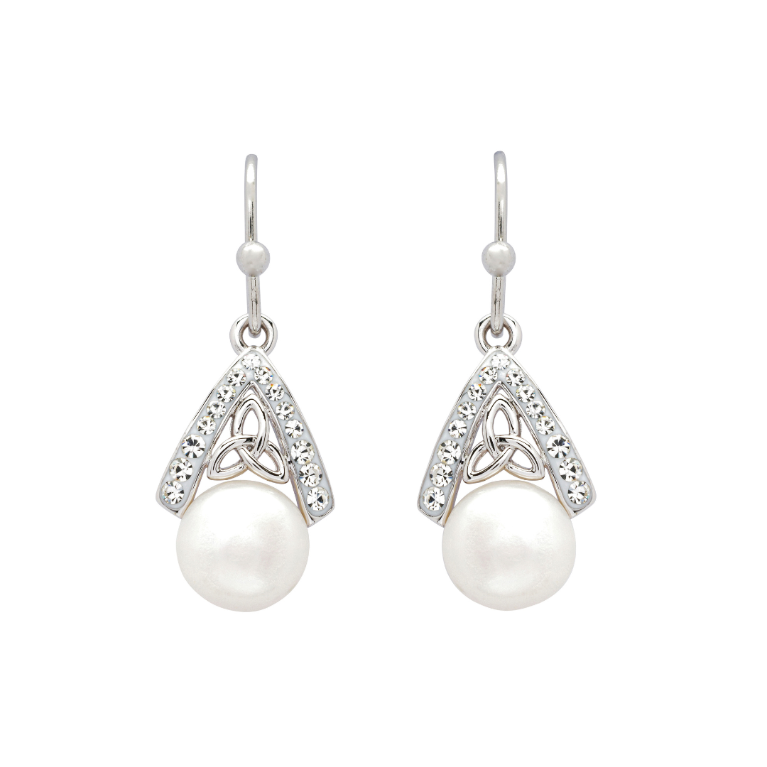 Platinum Plated Intricate Pearl Trinity Knot Earrings