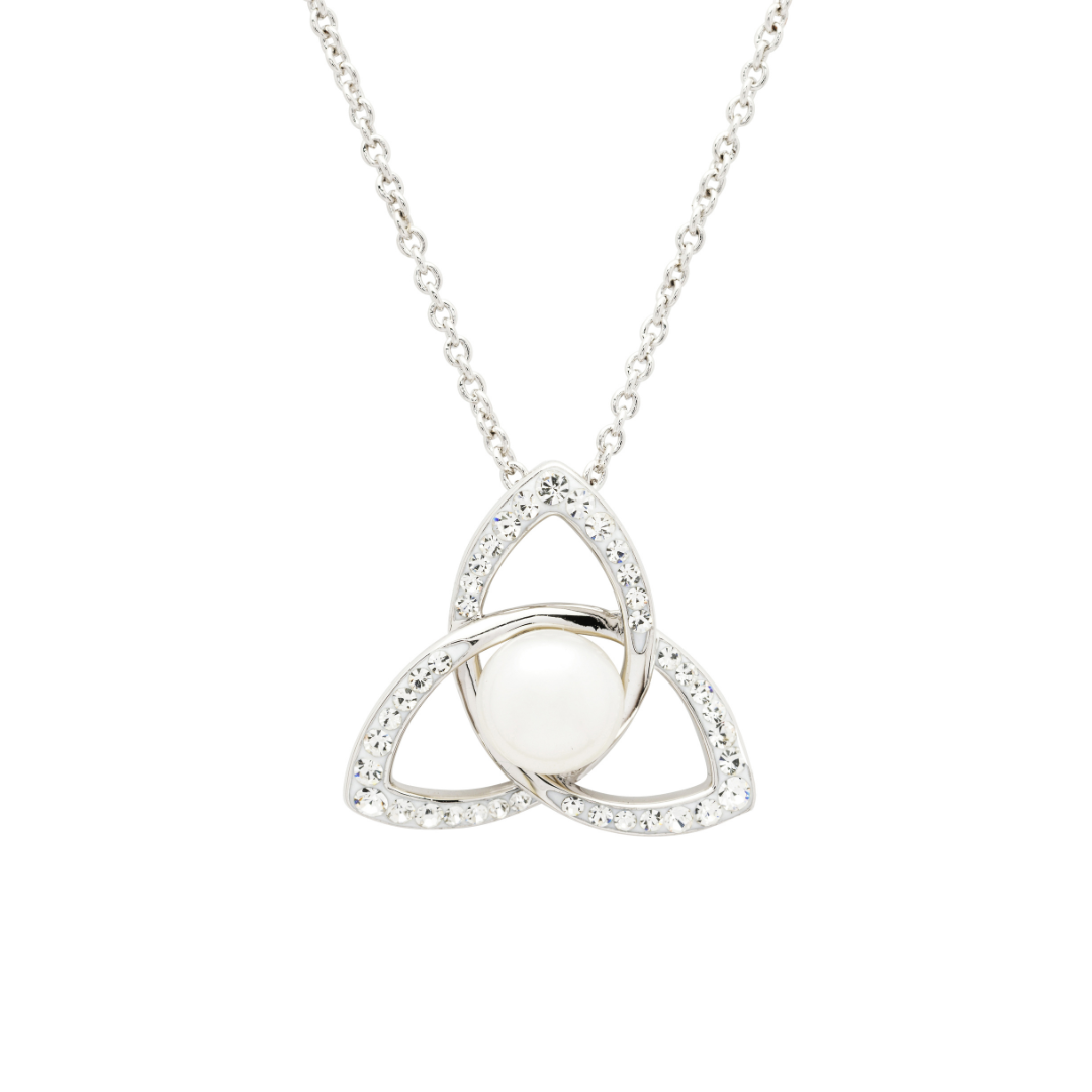 Platinum Plated Celtic Trinity Knot Pearl Necklace