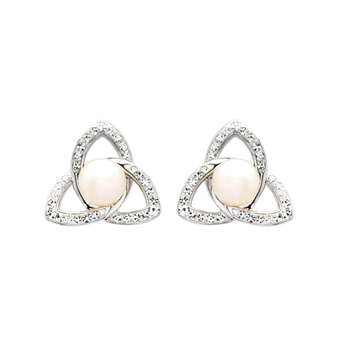 Platinum Plated Pearl Trinity Knot Stud Earrings