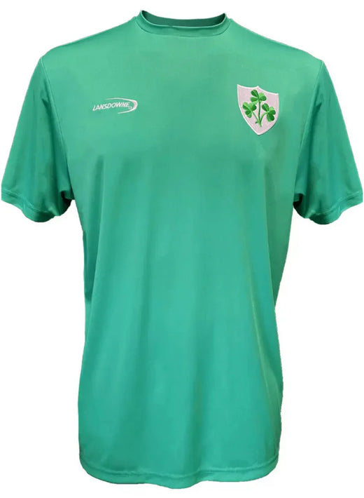 Island Green men's performance top with a white shield shamrock crest on the chest and a Lansdowne logo