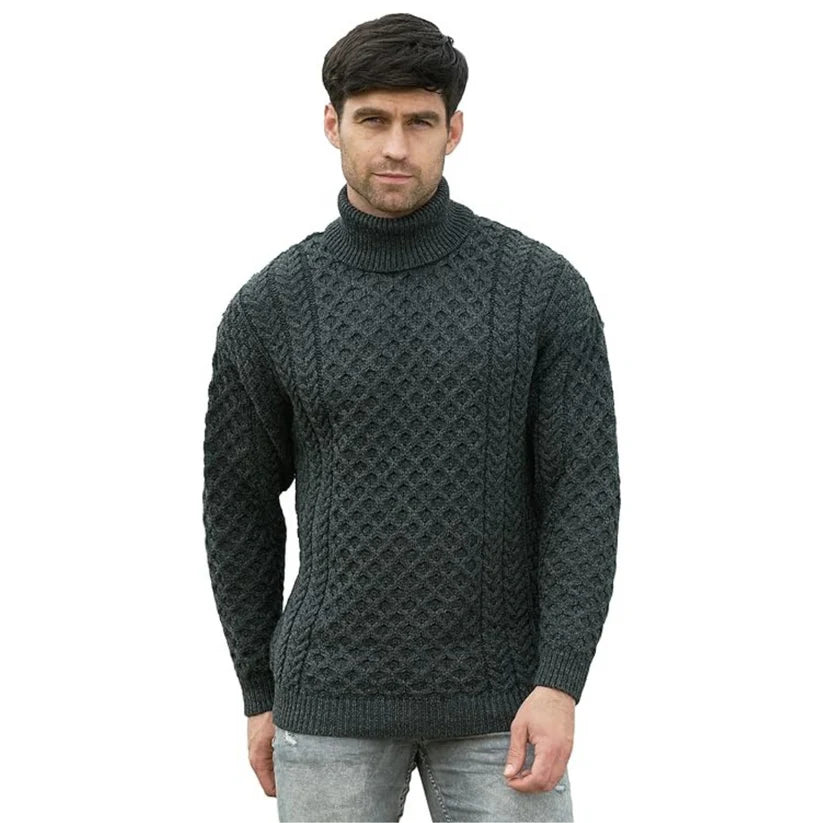 Unisex Irish Cable Knitted Soft Roll Neck Charcoal Sweater 