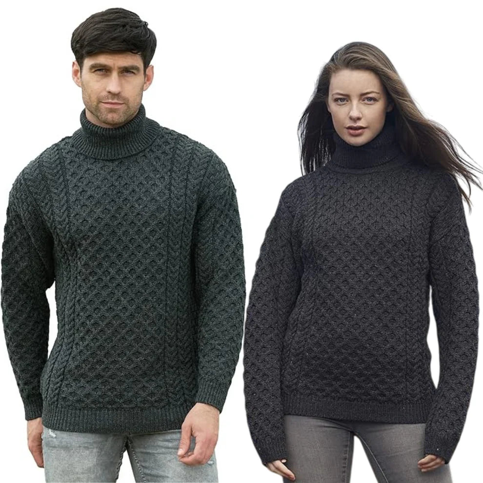 Unisex Irish Cable Knitted Soft Roll Neck Charcoal Sweater