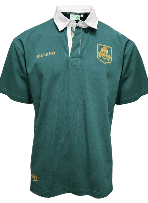 Ireland green and gold rugby shirt with white collar, gold lettering and crest on the chest.