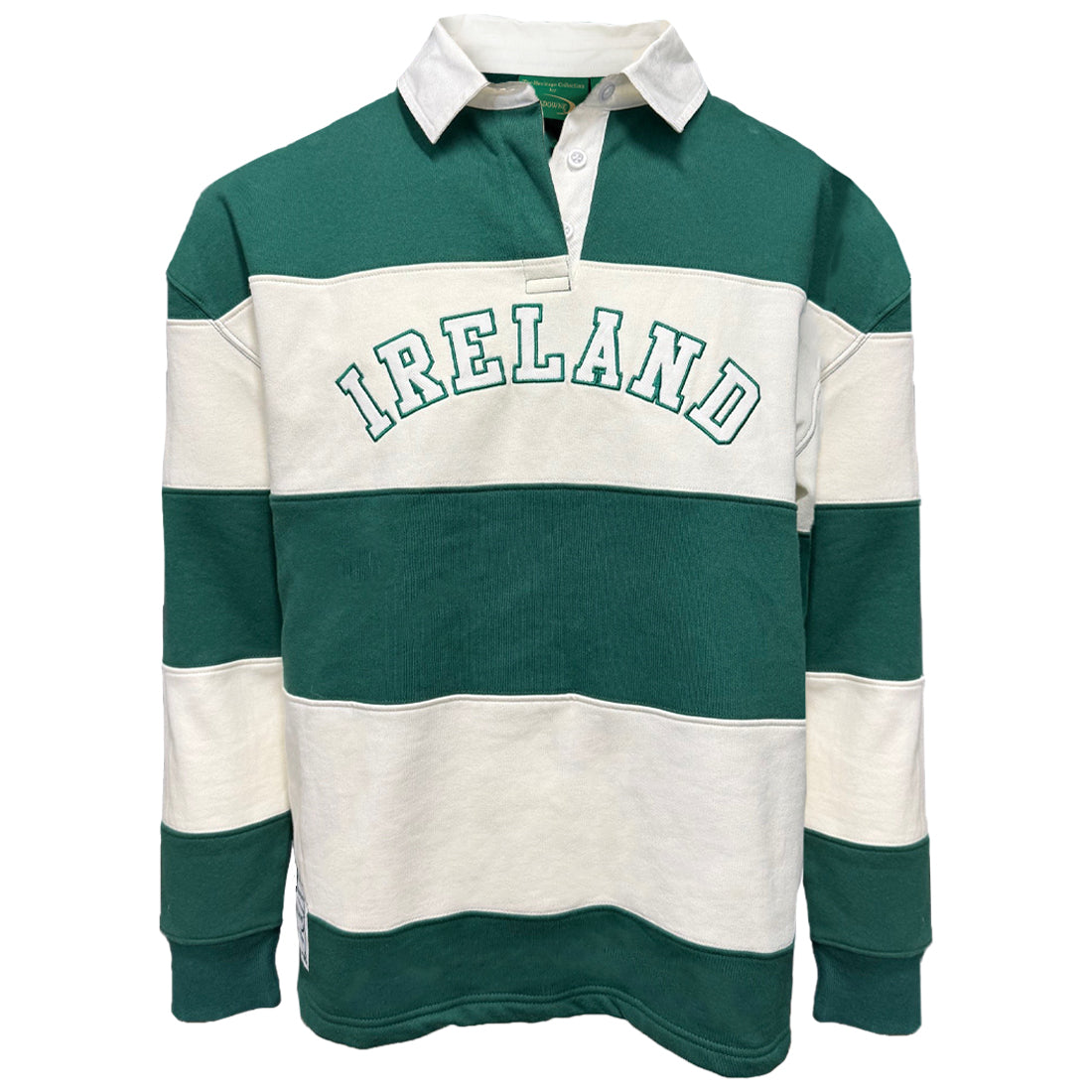 Front view of green and cream striped Lansdowne Ireland rugby shirt with IRELAND lettering.