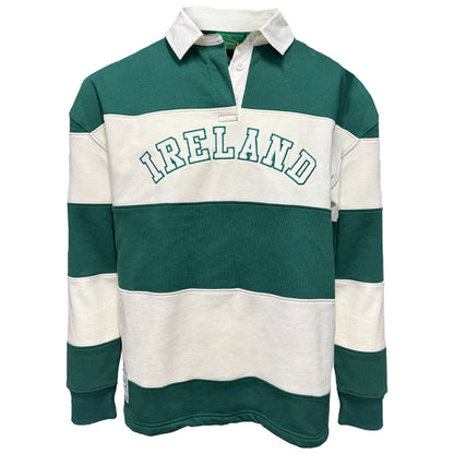 Front view of green and cream striped Lansdowne Ireland rugby shirt with IRELAND lettering.