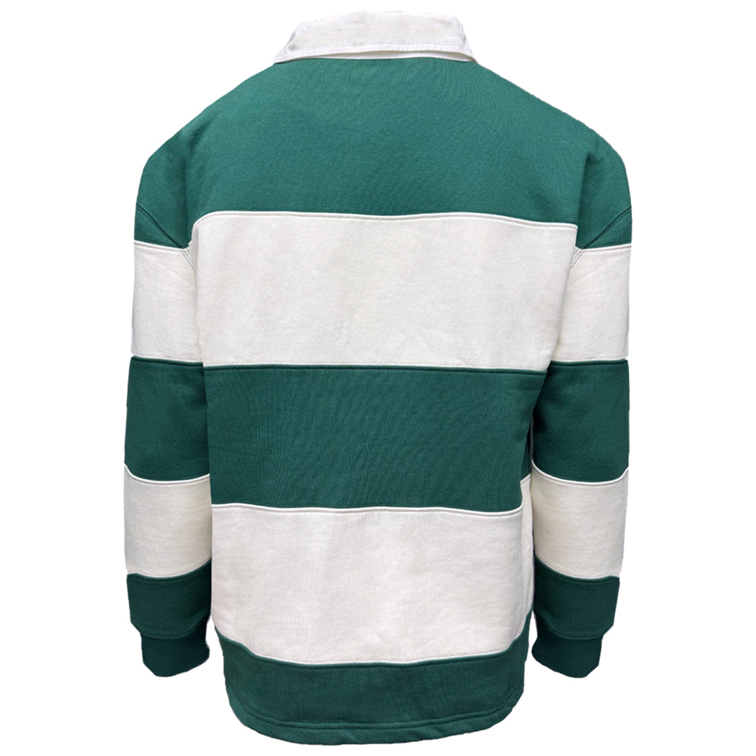 Back view of the green and white striped Lansdowne Ireland rugby shirt.