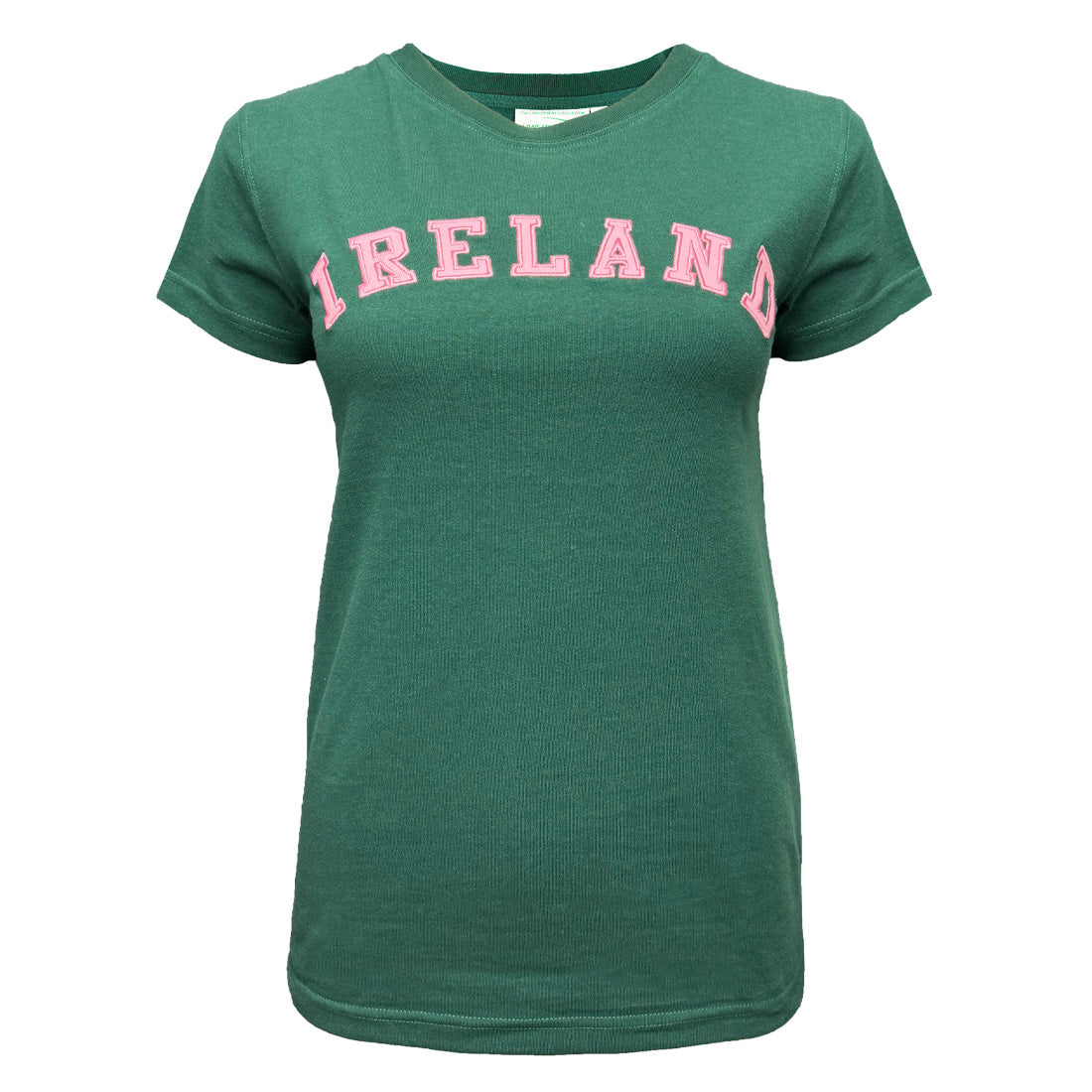 Green Ireland T-shirt with pink lettering across chest