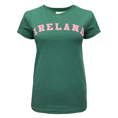 Green Ireland T-shirt with pink lettering across chest