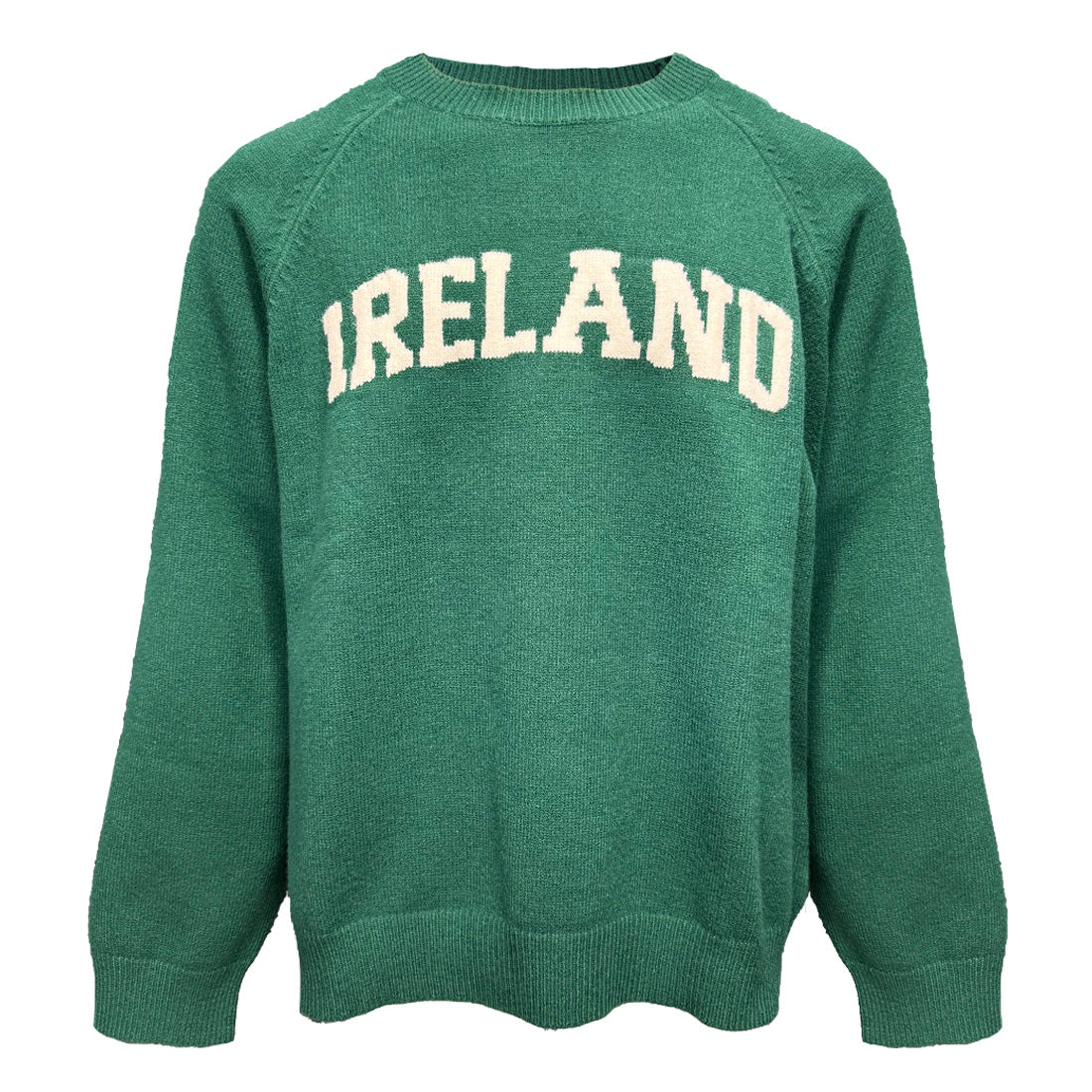 Green knitted jumper with cream IRELAND lettering across the chest