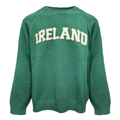 Green knitted jumper with cream IRELAND lettering across the chest