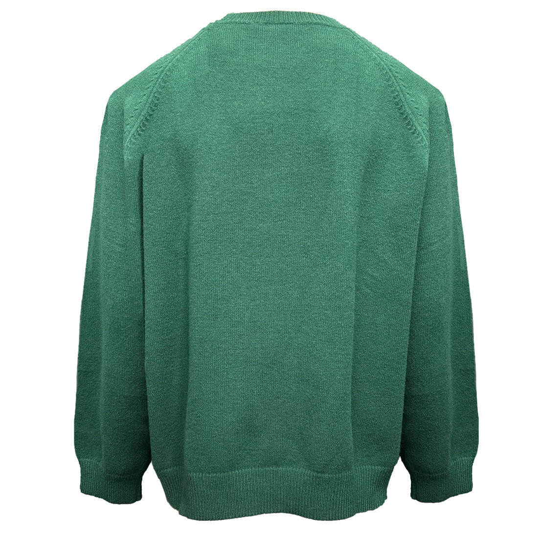 Back view of green Evergreen Ireland knitted jumper with simple knit and ribbed hem