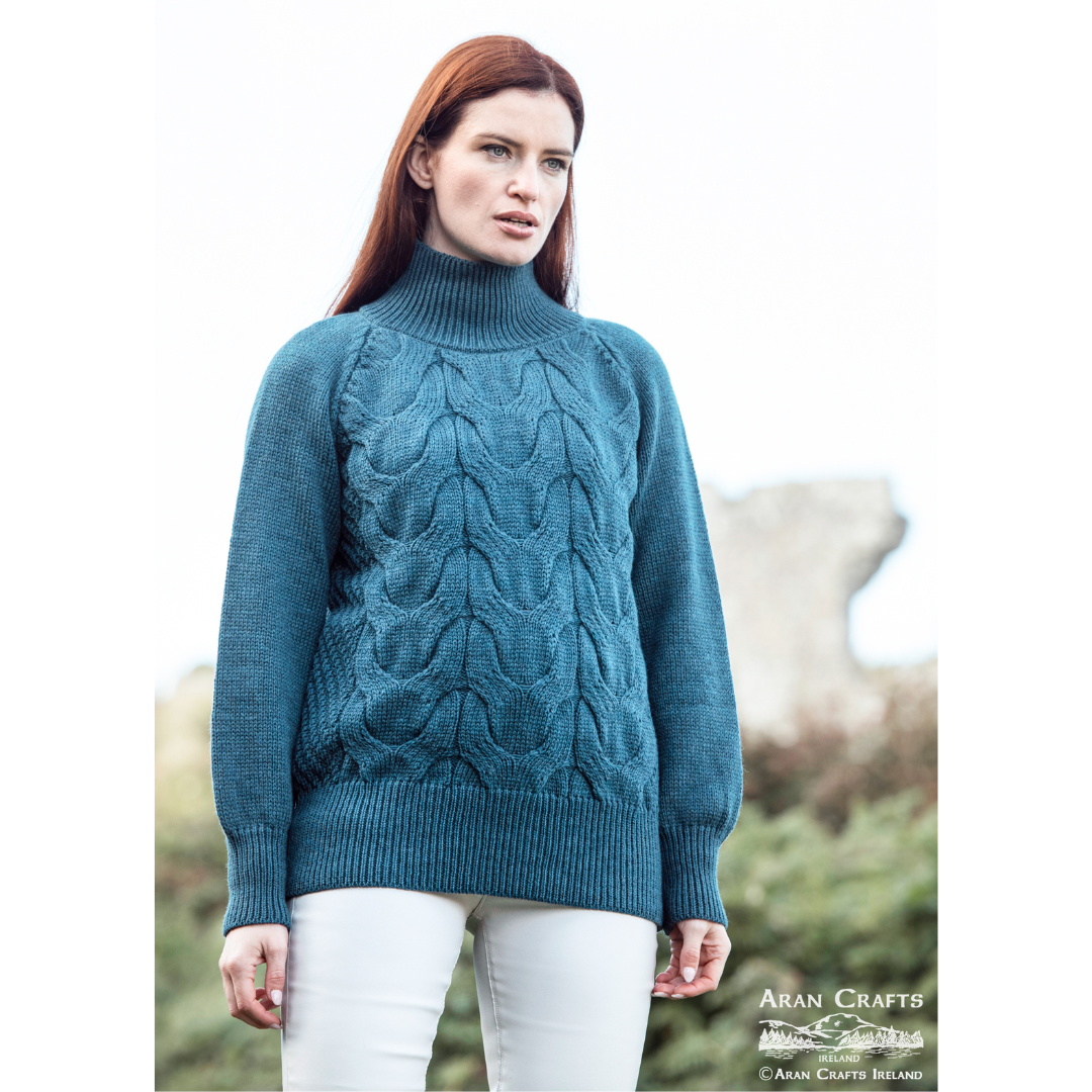 Ladies Irish Cable Knitted Chunky Teal Jumper 