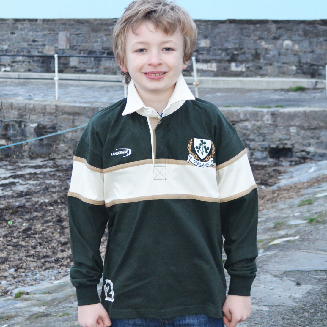 Kids Long Sleeve Green and Natural Rugby Shirt 