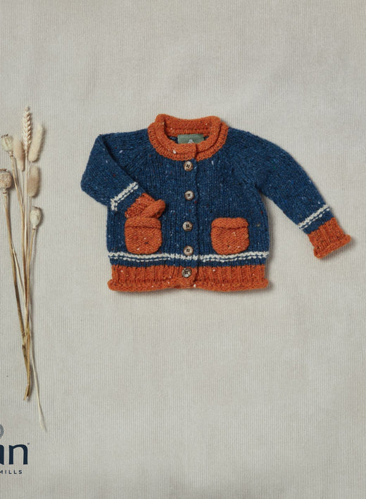 Blue and orange knitted baby cardigan with buttons and pockets