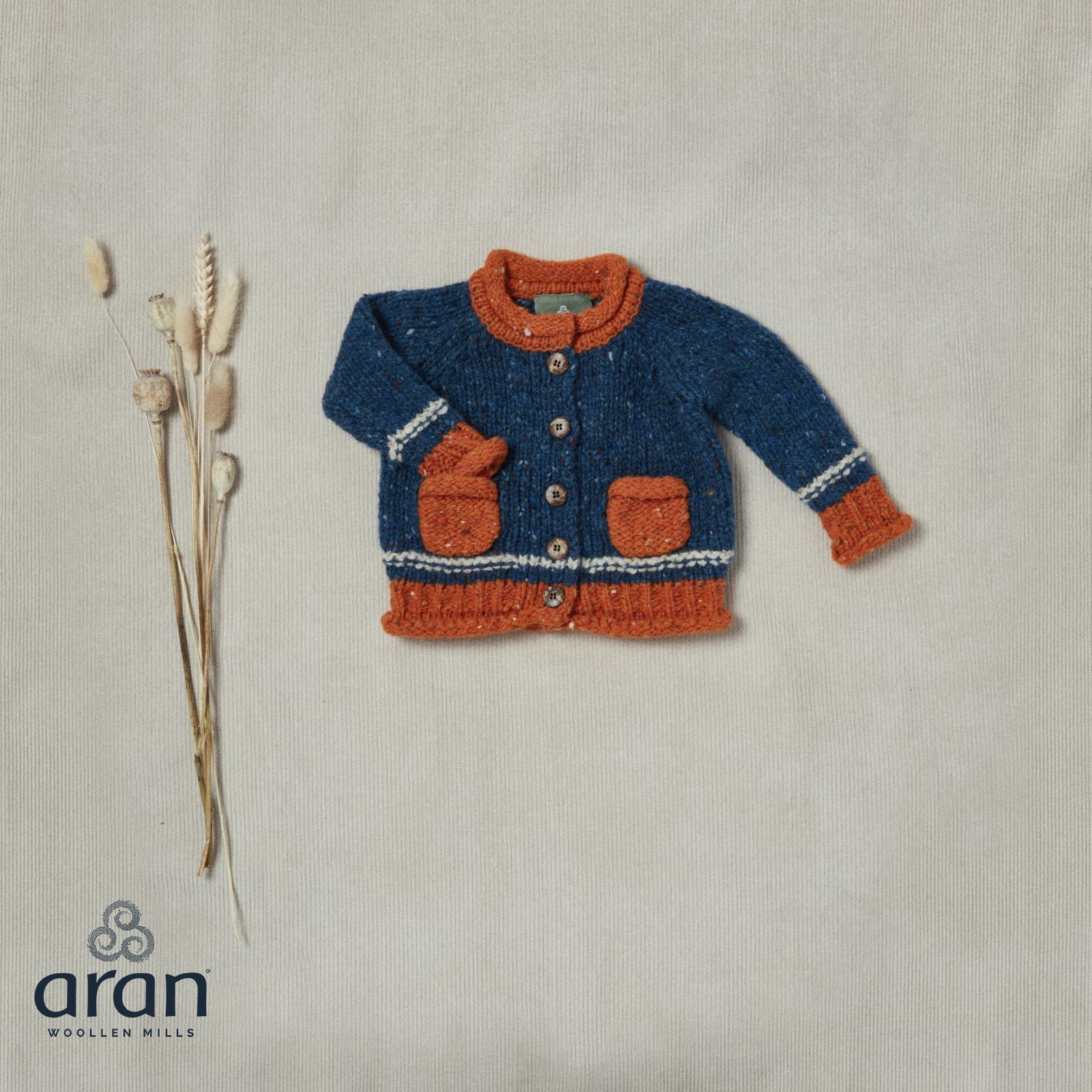 Baby Roll Neck Blue Aran Cardigan 