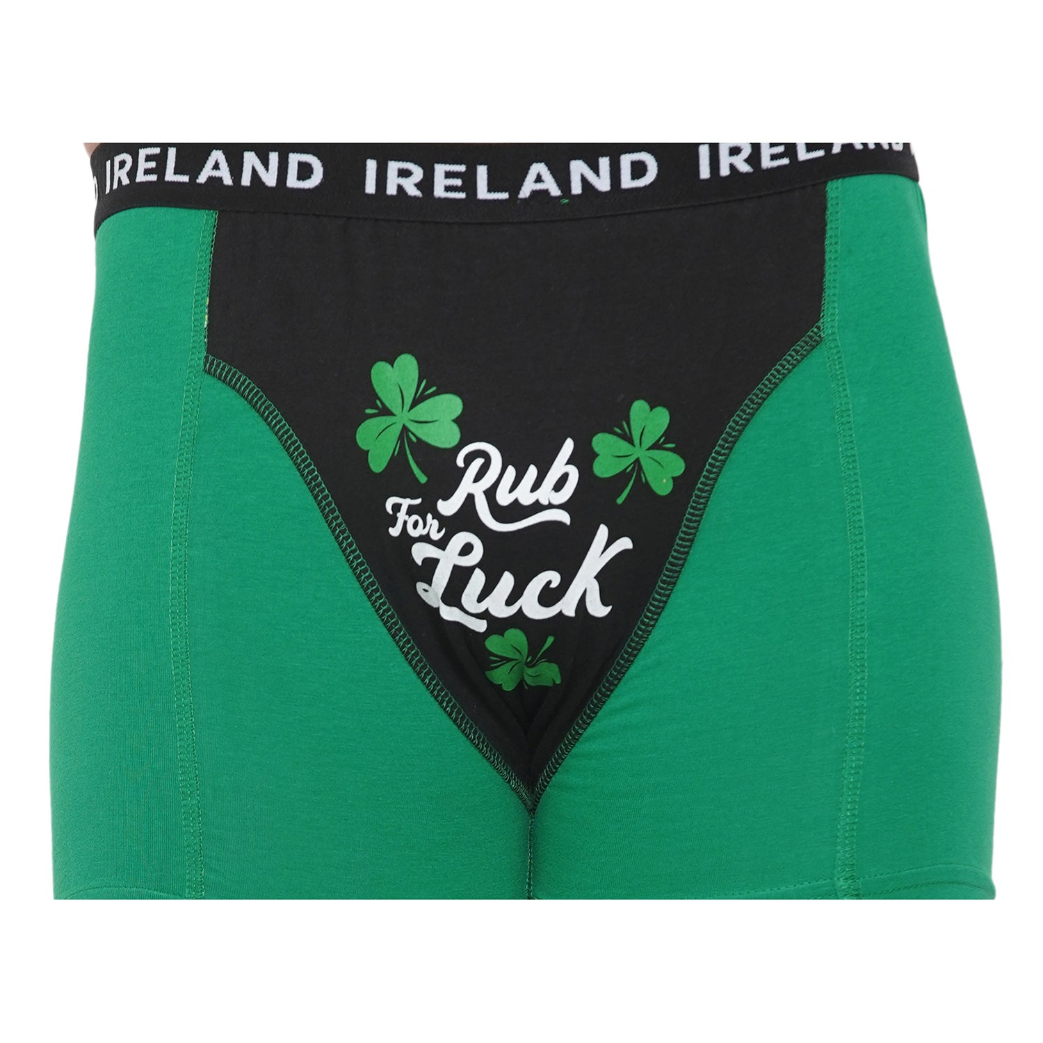 Kelly green Rub for Luck men's boxer briefs with contrasting black front panel and white logo with shamrocks.
