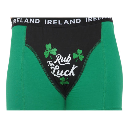Kelly green Rub for Luck men's boxer briefs with contrasting black front panel and white logo with shamrocks.