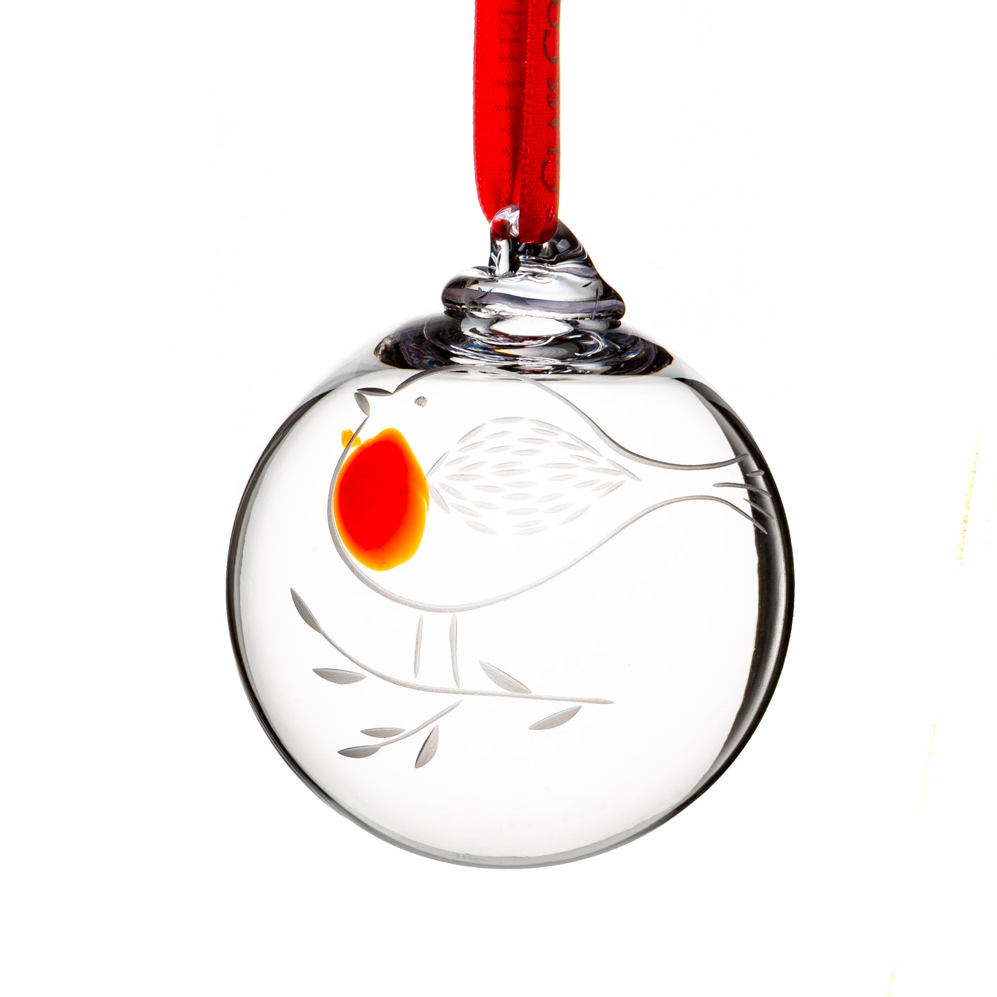 Clear glass round bauble etched with a robin and branch, hung by a red ribbon.