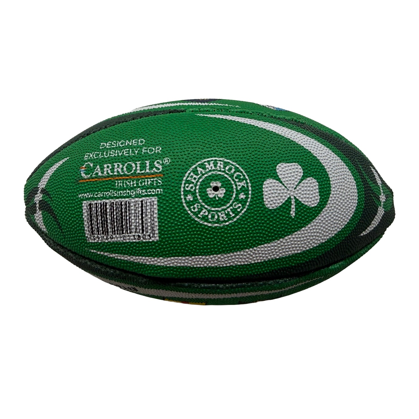Bottom side of green rugby ball showing Carrolls Irish Gifts logo and branding