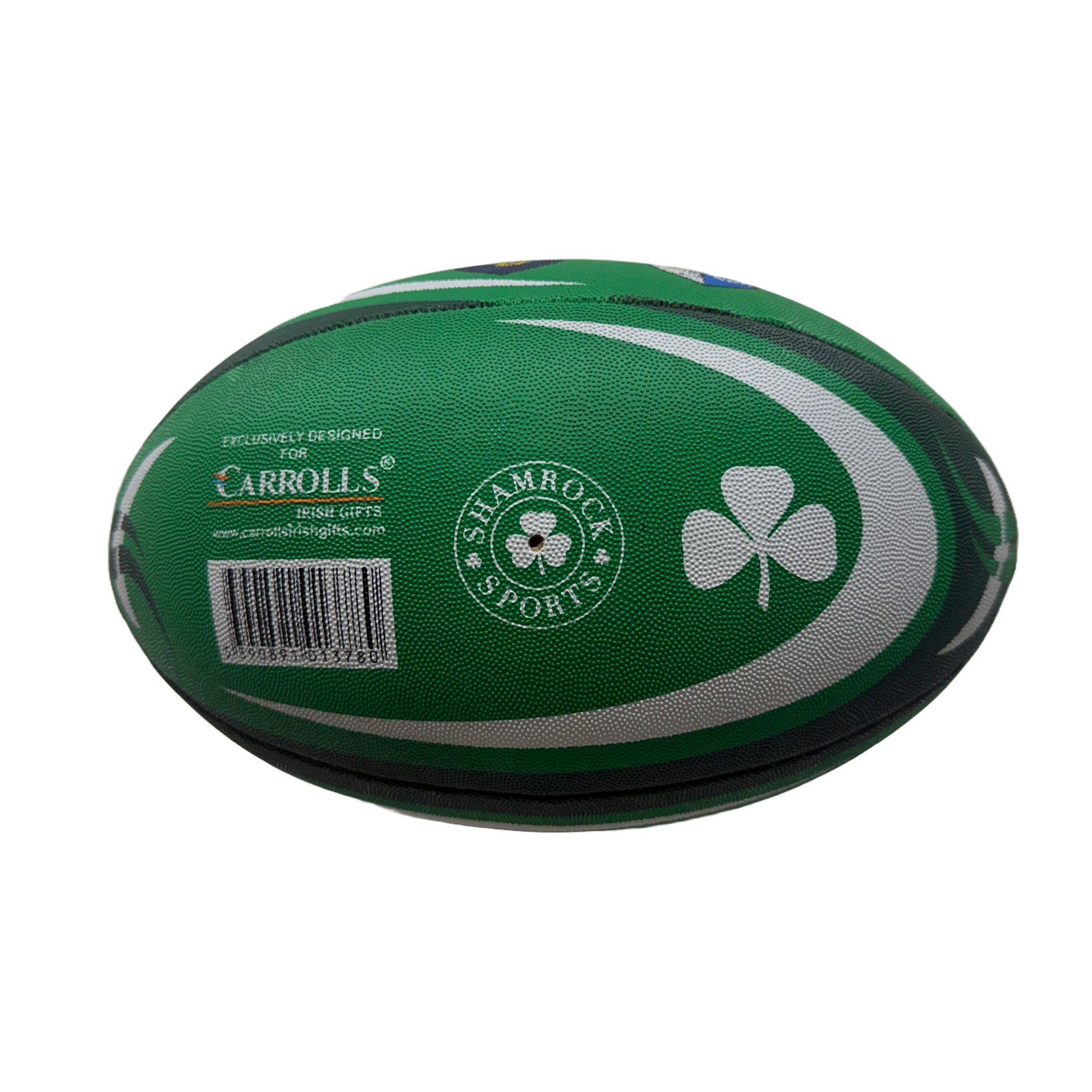 Rear view of green size 5 Ireland rugby ball with barcode and Shamrock Sports emblem