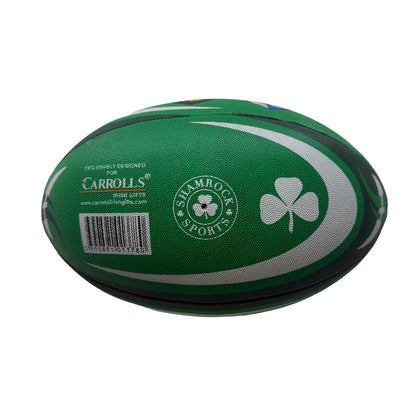 Rear view of green size 5 Ireland rugby ball with barcode and Shamrock Sports emblem