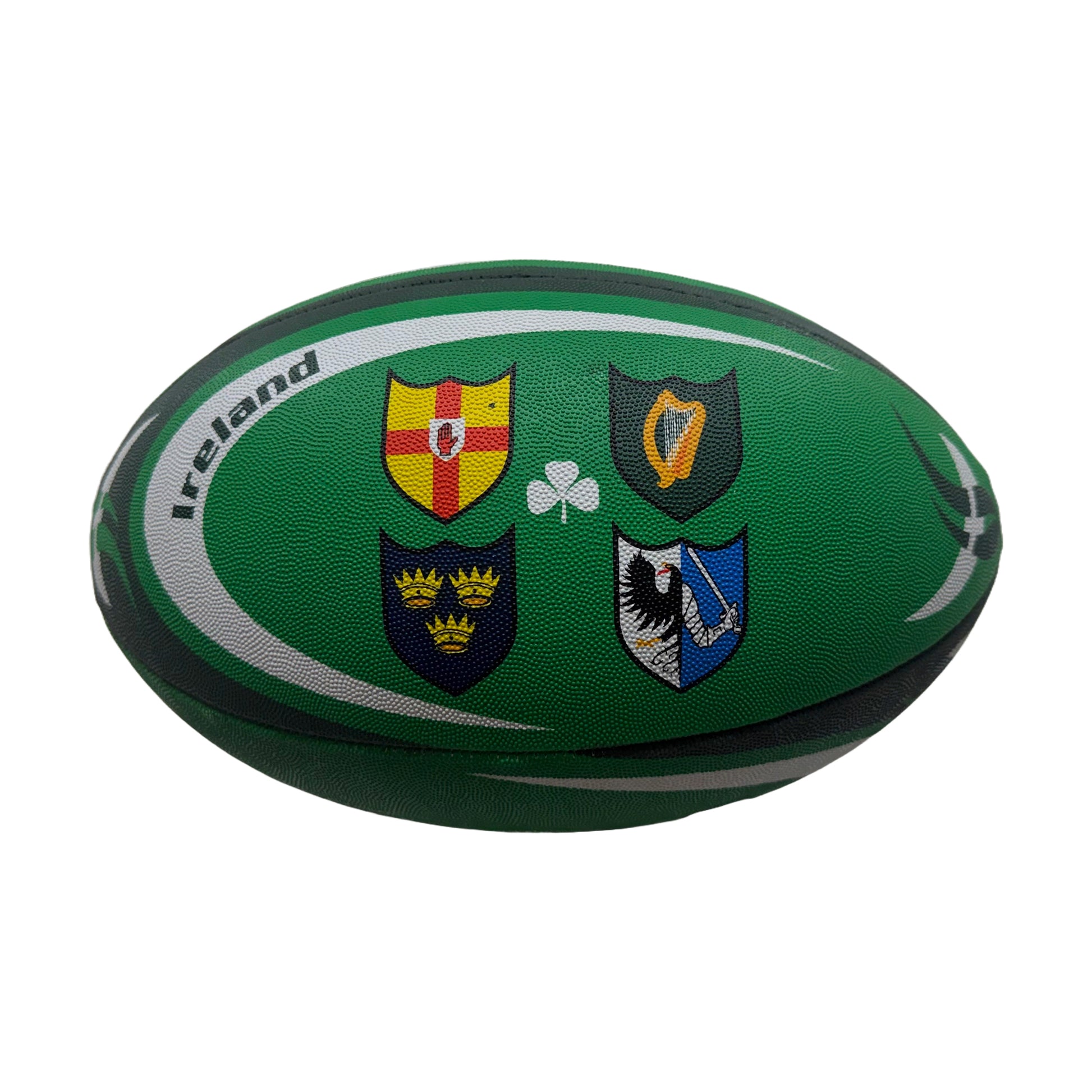 Green size 5 Ireland rugby ball with four provincial crests and shamrock design
