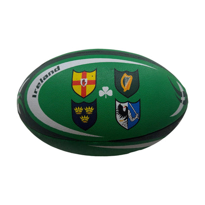 Green size 5 Ireland rugby ball with four provincial crests and shamrock design