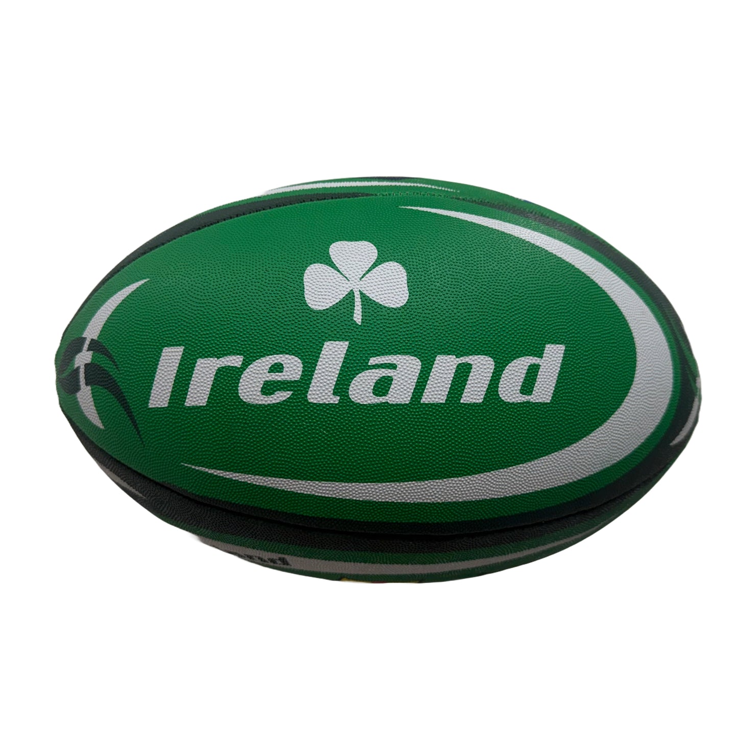 Green rugby ball with Ireland crest and shamrock design viewed from the side