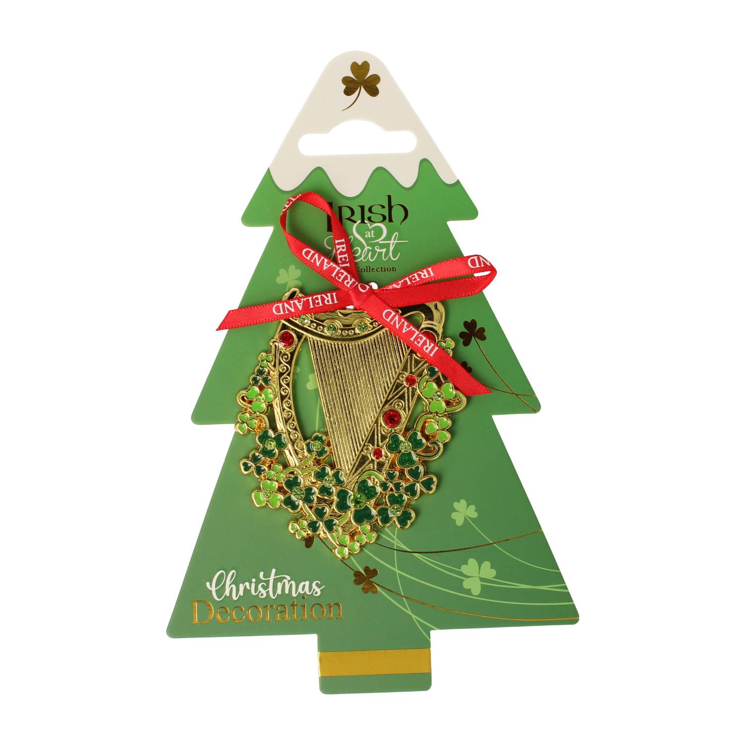 Irish at Heart metal Christmas tree decoration featuring a gold harp and shamrocks with a red ribbon